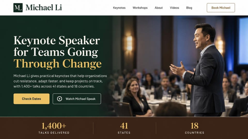 Speaker website design, change management keynote with a stats bar: dark green panel with a gold and cream serif headline, a speaker addressing a ballroom audience, gold button and a brown stats bar