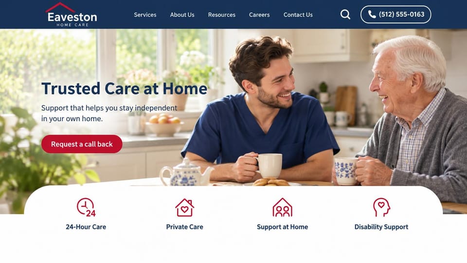 Home care website design, home care with services as icons below: navy header with a phone button, a young caregiver laughing with an older man over tea, a navy headline, a red button and a row of red icons