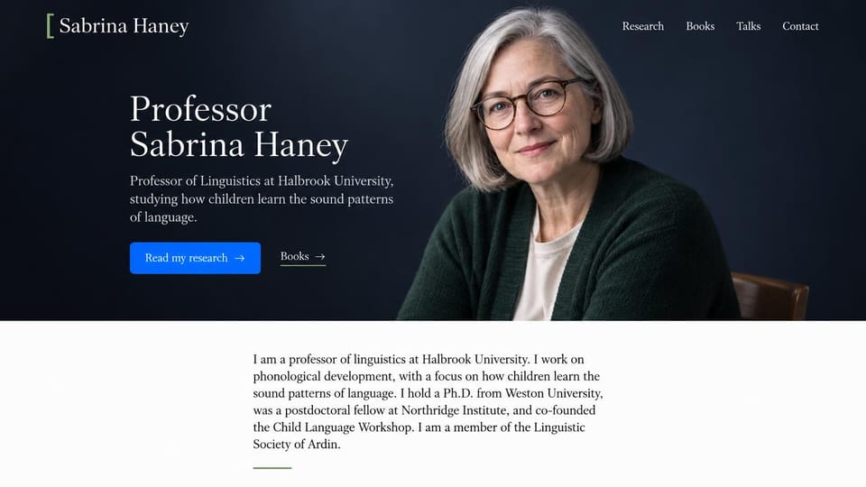 Resume website design, linguistics professor with a dark navy portrait band: dark navy band with a white serif name, a bright blue research button and a portrait of a smiling gray-haired woman in glasses, white biography below
