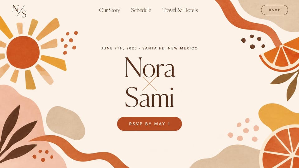 Wedding website design, illustrated wedding with suns and citrus: cream page framed by painted suns, citrus slices and leaves in terracotta and ochre, names centered