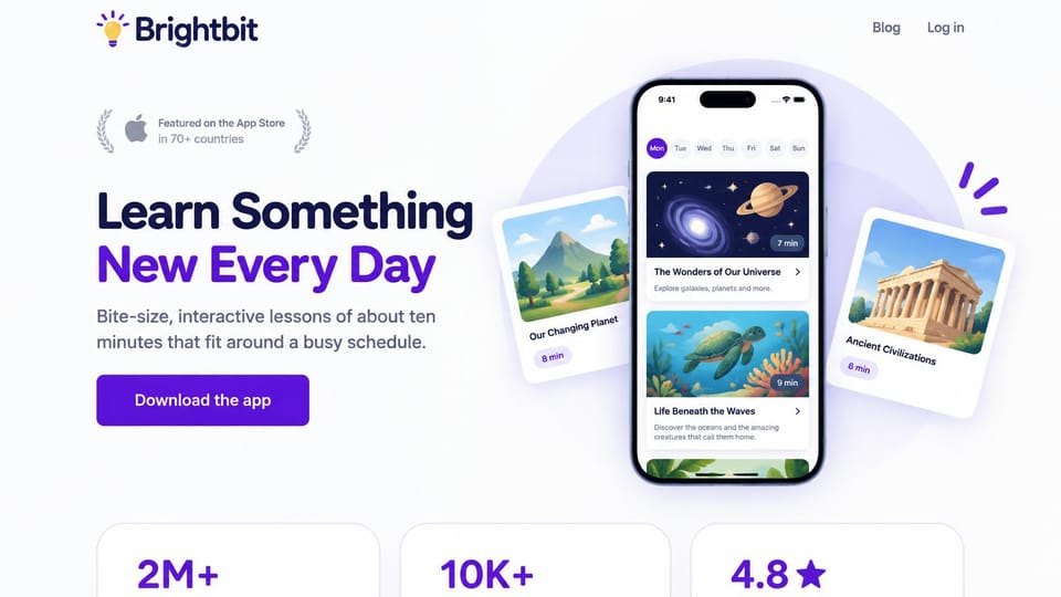 Mobile app website design, learning app with lesson cards: white page, black and purple headline, a purple button, a phone and floating lesson cards