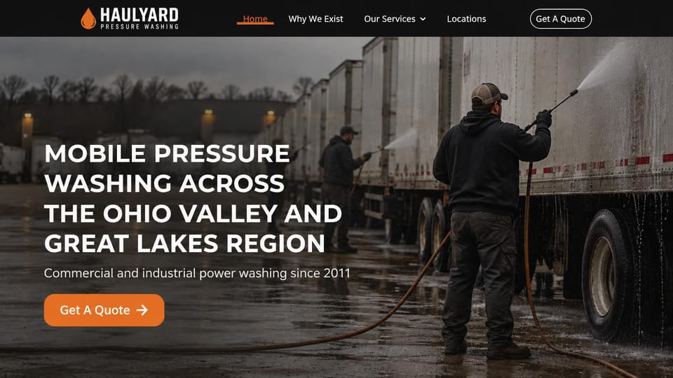 Pressure washing website design, fleet and industrial washing, dark and rugged: black menu, workers spraying a row of white trailers on a wet lot, a white uppercase headline and an orange quote button