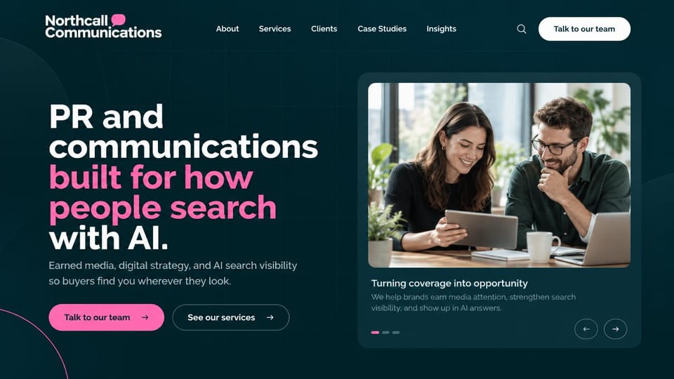 Agency website design, pR and communications with a story slider: dark teal page, a white and pink headline, a pink button and a photo card of two people at a laptop