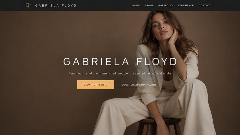 Model portfolio website design, fashion and commercial model with a comp card download: warm brown studio portrait of a woman in a cream suit on a stool, a centered spaced white name, a gold portfolio button and a comp card link