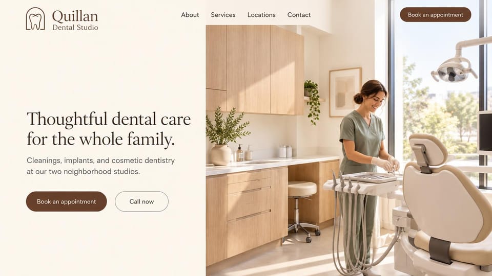 Dental website design, family practice with a bright treatment room: cream and brown, a hygienist preparing a bright wooden treatment room beside a serif headline