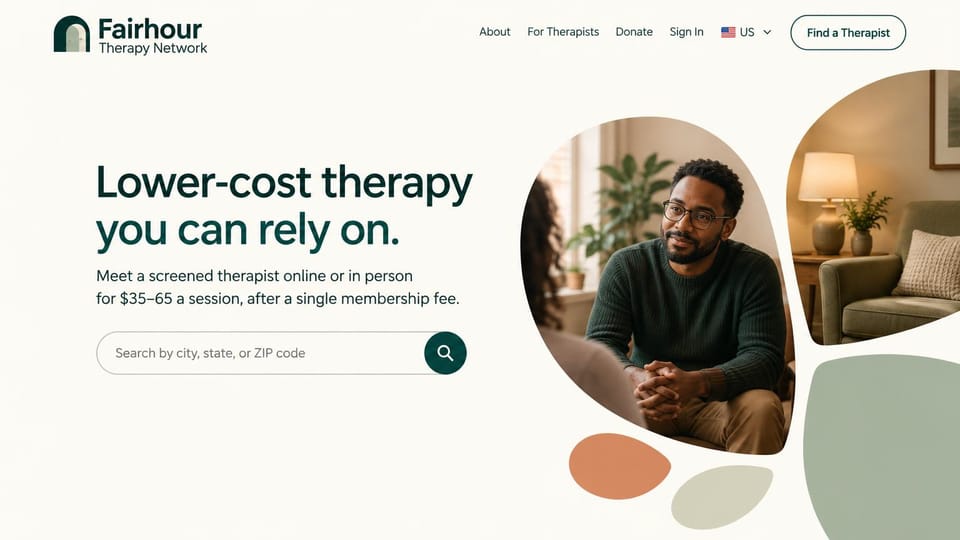 Therapist website design, lower-cost therapy network with a city search: off-white page, a bold dark green headline and search box beside soft-edged photos of a therapist and an office
