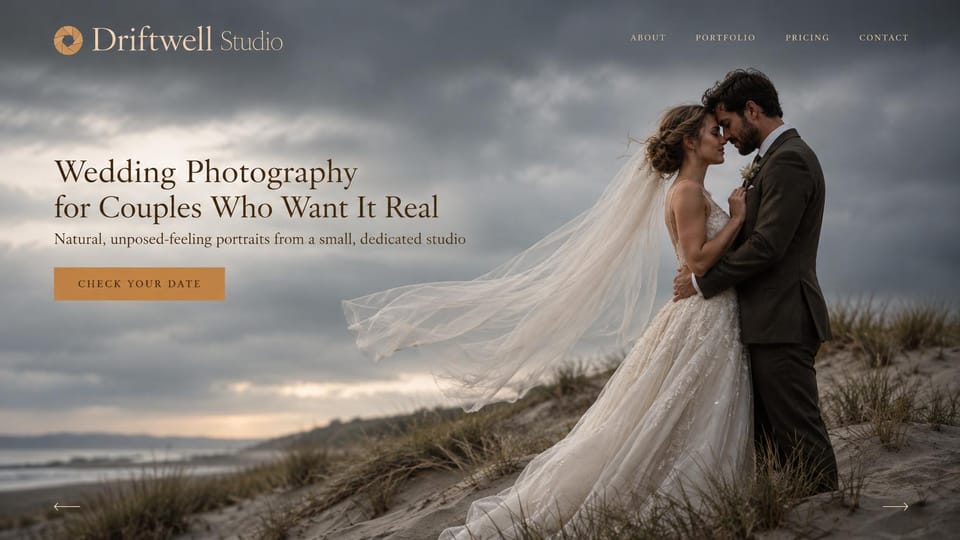 Wedding photographer website design, small wedding studio under stormy skies: stormy grey sky over dunes with a couple embracing and a long veil blowing, a dark brown serif headline and an amber button