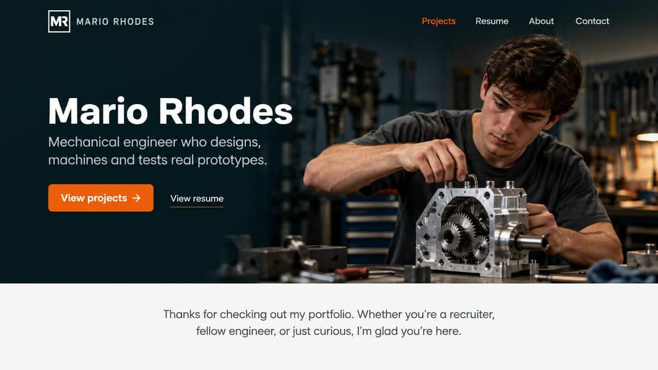 Engineering portfolio website design, mechanical engineer in the machine shop: dark teal page, a large white name, an orange button and a young man assembling a machined gearbox at a workbench