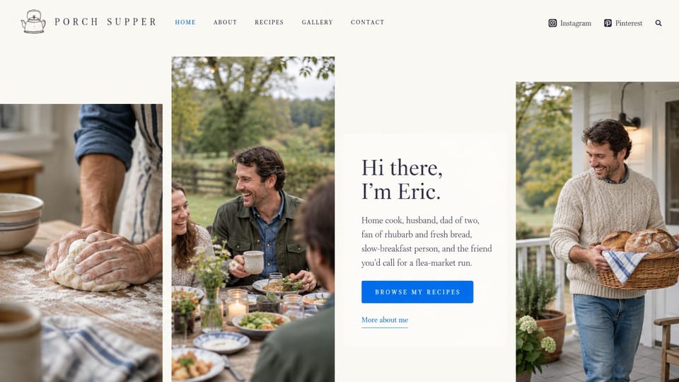Blog website design, home cooking blog with a photo collage: white page, tall photos of bread dough, a shared outdoor meal and a man with a bread basket, a blue button