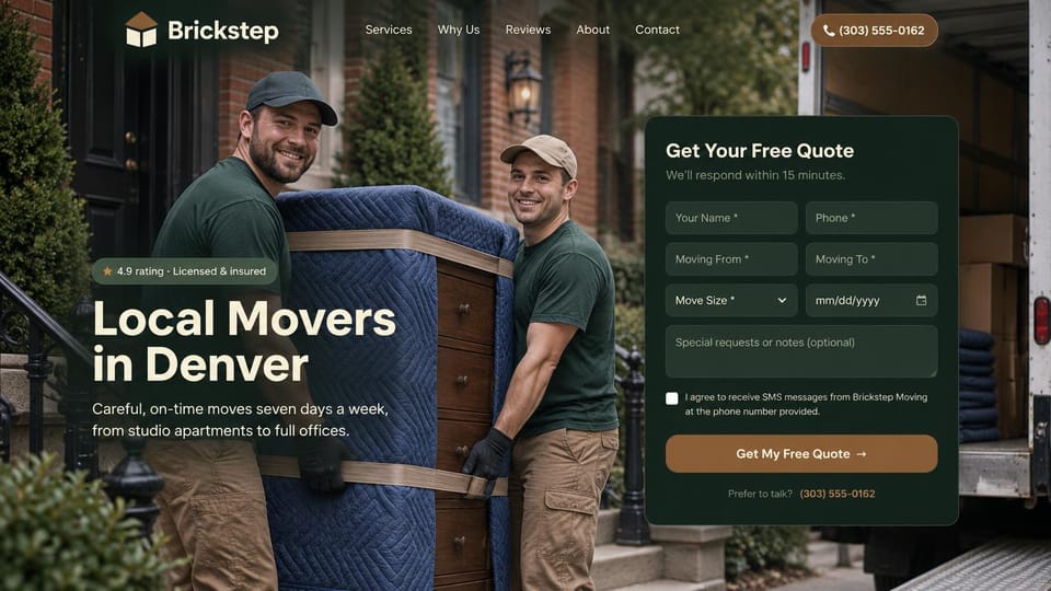 Moving company website design, local home and office movers in deep green: photo of two movers in green shirts carrying a padded dresser by brick steps, a cream headline, a dark green quote card with a brown button
