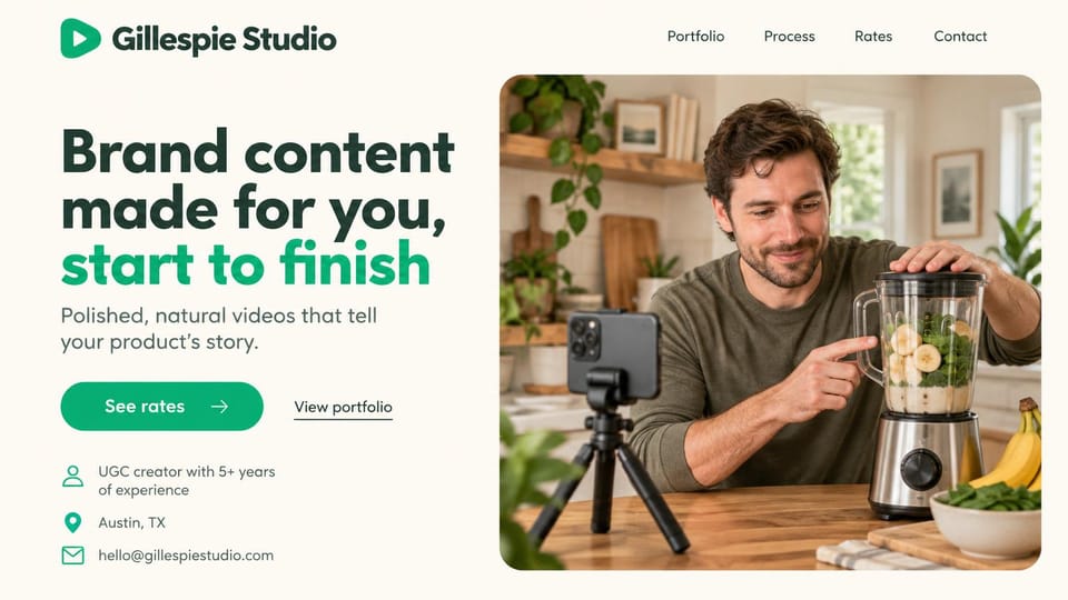 UGC portfolio website design, product demos with contact details up front: cream page, bold dark green and green headline, green button, a man demonstrating a blender beside a phone on a tripod