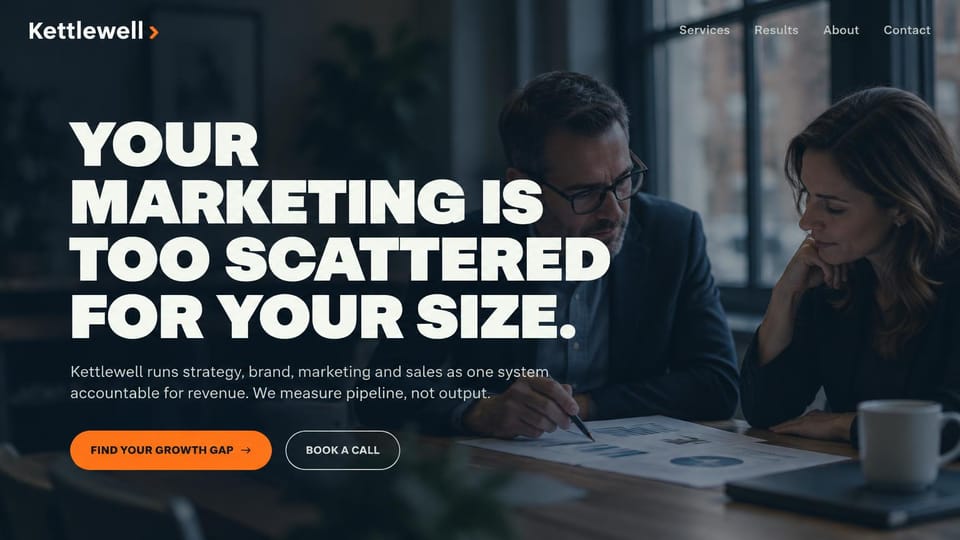Agency website design, growth marketing for small businesses: dark office photo, a huge white uppercase headline, an orange button and an outlined button