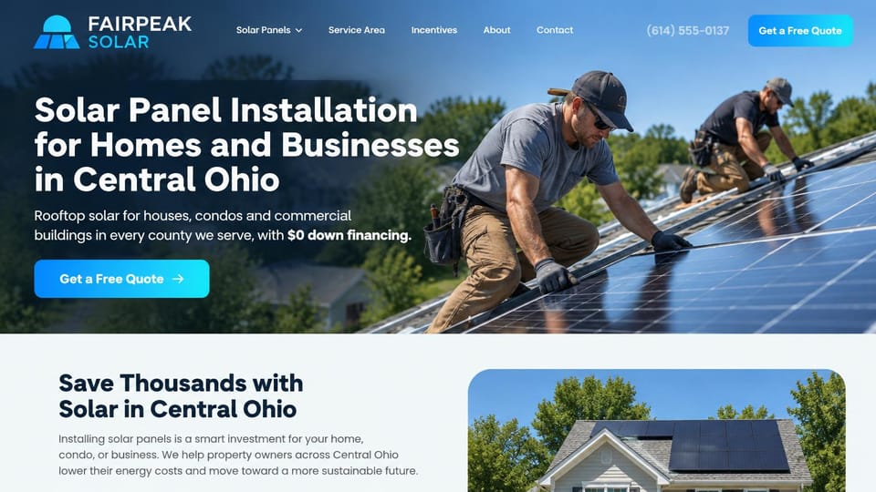 Solar website design, home and business solar for one region, in bright blue: photo of two installers on a roof under a blue sky, a white headline, a bright blue quote button, a pale section below with a home photo