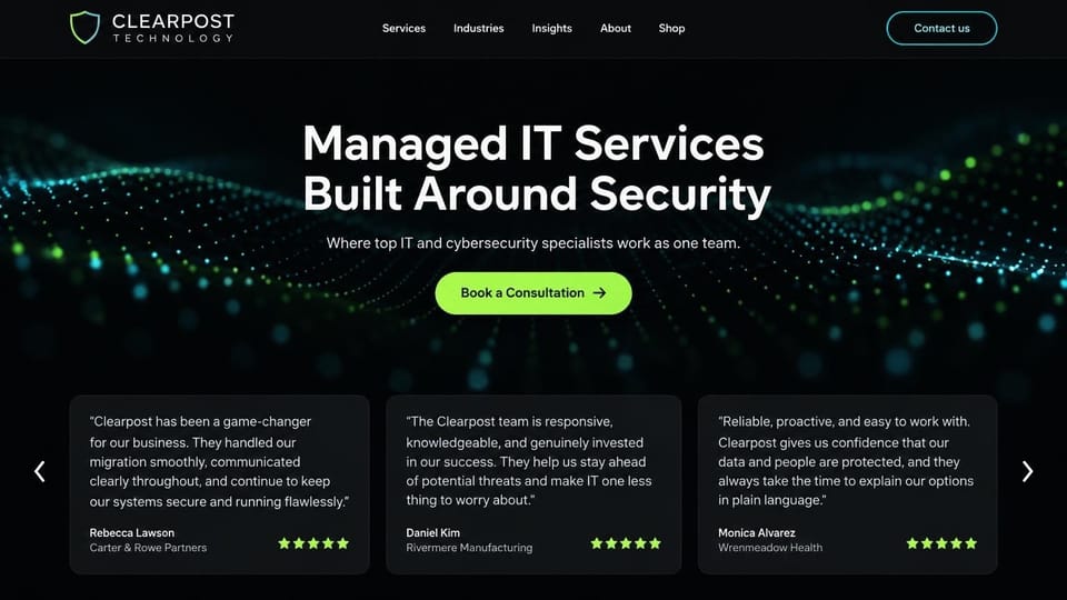 IT company website design, managed IT and security with client quotes up front: black page with glowing green and teal data waves, centered white headline, green consultation button, three client quote cards with stars