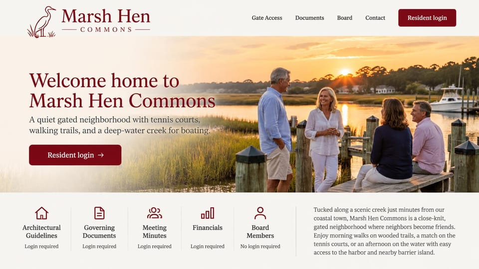 HOA website design, gated creekside community with documents behind a login: cream page with a heron mark, a deep red serif headline and login button beside neighbors talking on a dock at sunset, a row of red document icons below