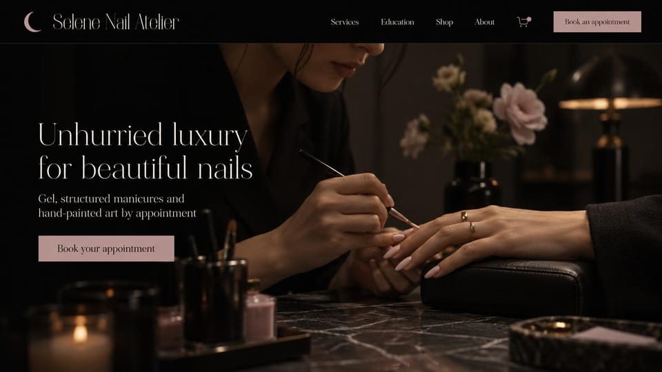 One page website design, luxury nail art by candlelight: black page, a thin cream display serif beside a tech hand-painting nails by candlelight, a dusty pink button