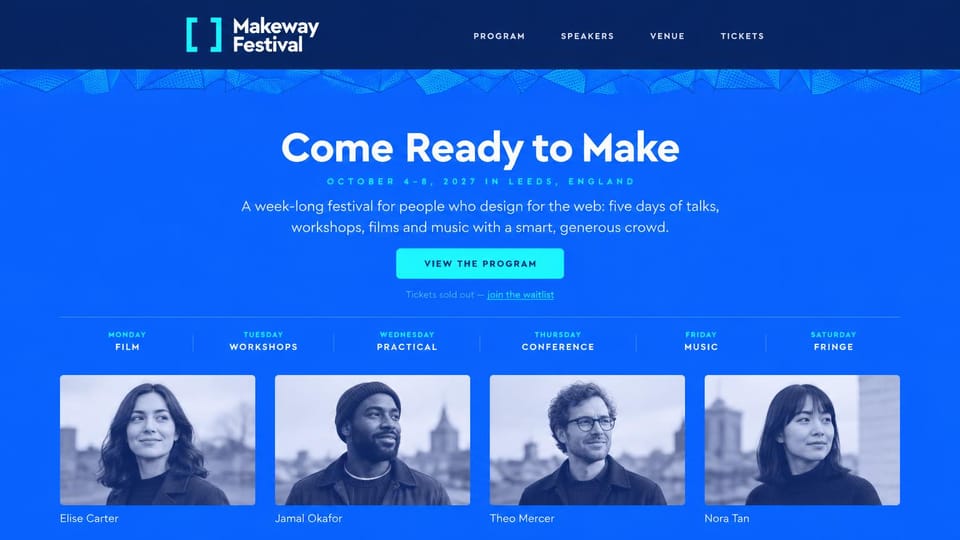 Event website design, week-long design festival with a day-by-day plan: bright blue page, white centered headline, cyan program button, weekday theme strip, four blue-tinted speaker portraits