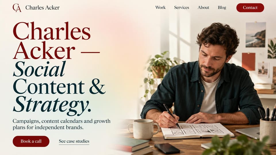 Marketing portfolio website design, social content strategist with an oversized name: cream page, a huge dark red and navy serif headline, a man sketching storyboards at a sunny desk