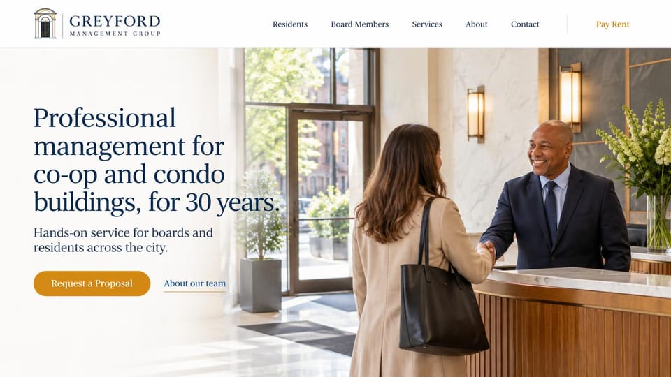 Property management website design, co-op and condo management with a lobby handshake: white page, doorway logo, a gold pay rent link, a charcoal serif headline fading into a photo of a resident shaking hands with a manager at a marble lobby desk, a gold proposal button