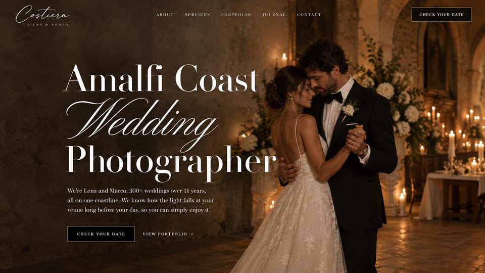 Wedding photographer website design, destination photo and film duo in candlelight: candlelit stone hall with a couple slow dancing, huge white headline mixing roman and script lettering, an outlined button