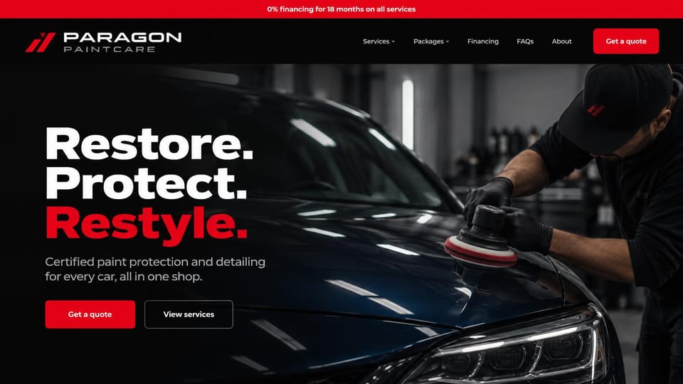 Car detailing website design, paint protection with financing up top: black, white and red, a red financing bar, a technician polishing a navy car beside a stacked headline in white and red