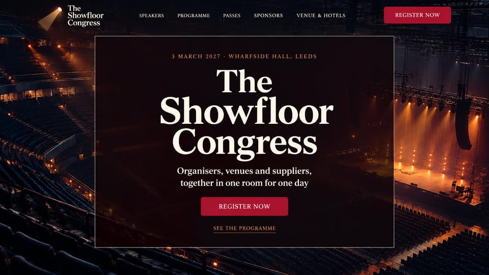Event website design, event industry congress in an empty arena: dark photo of an empty arena with warm stage lights, framed dark panel with a cream serif headline, small orange date line, red register button