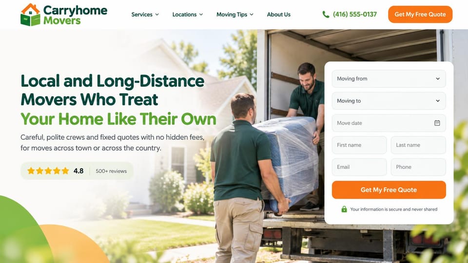 Moving company website design, local and long-distance movers in fresh green: white page, a dark green and bright green headline, two movers in green polos loading wrapped furniture into a truck, a white quote form with an orange button