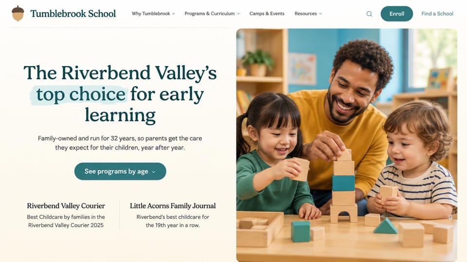 Daycare website design, daycare with local awards under the headline: cream page, a centered dark teal serif headline with a highlighted phrase, a teal pill button and two award lines, a male teacher stacking blocks with two toddlers on the right