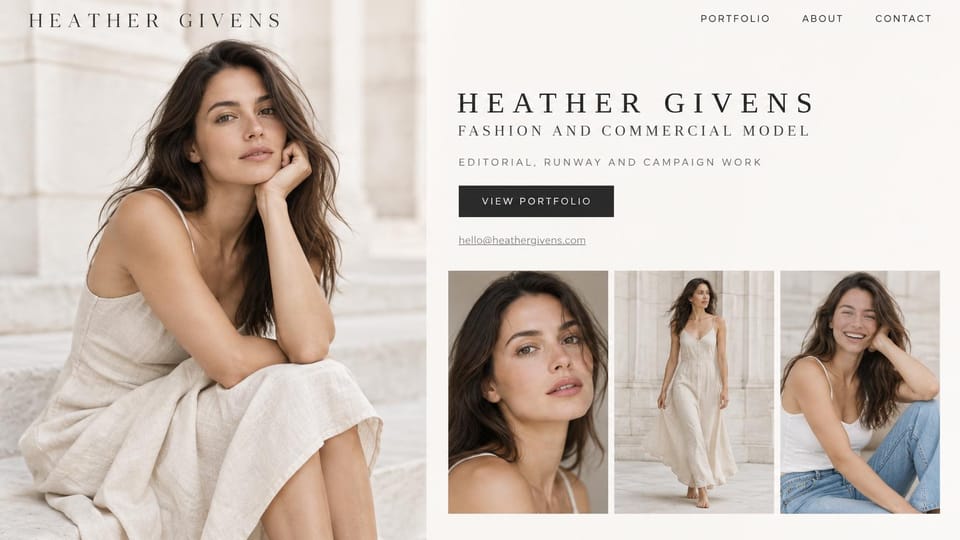 Model portfolio website design, fashion model in linen on white stone steps: warm white page, a woman with long dark hair in a linen dress on stone steps, spaced black serif capitals, a black button and three smaller photos