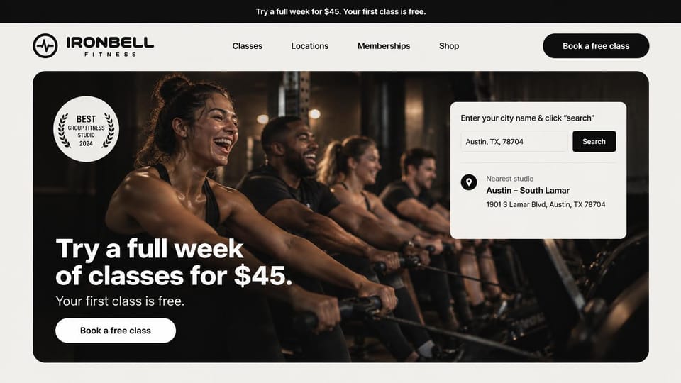 Fitness website design, group fitness with a studio finder: a rounded dark photo of a rowing class, bold white offer headline, a white studio search card