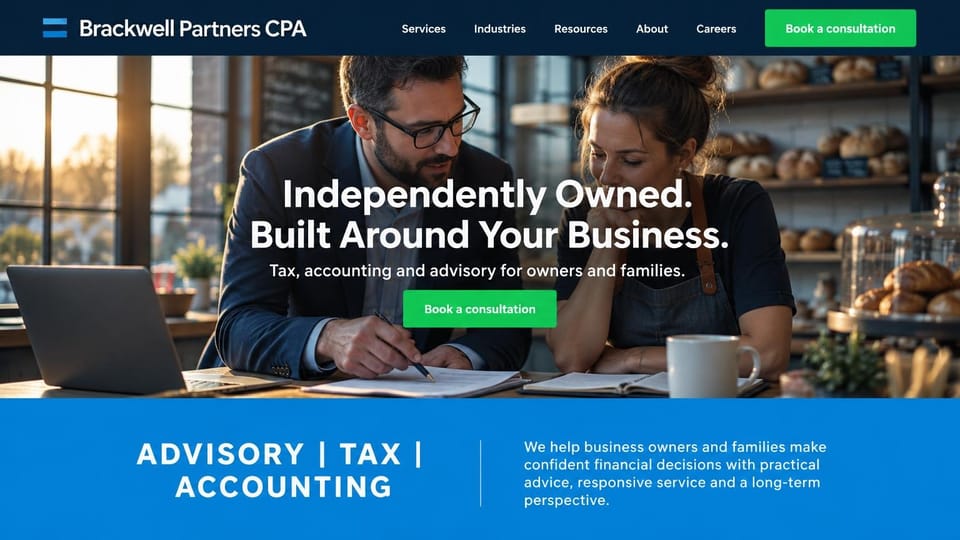 Accounting website design, independent CPA firm at a client's bakery: navy header, an accountant and a baker reviewing papers in her bakery, a centered white headline, a green button and a bright blue band