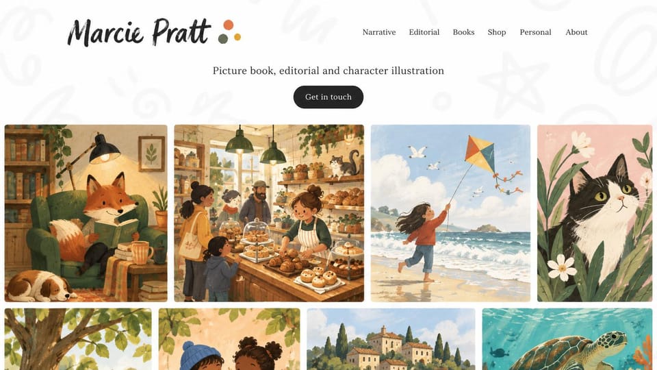 Graphic design portfolio website design, picture book illustrator with a cozy grid: white page with faint doodles, script logo, small black button, a grid of warm storybook illustrations: a fox reading, a bakery, a kite, a cat