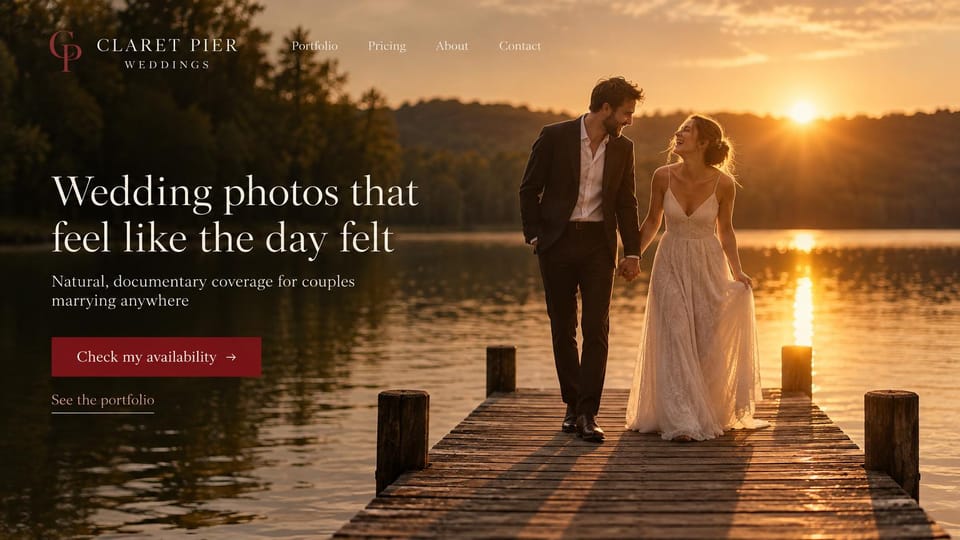 Wedding photographer website design, documentary wedding photographer on a golden dock: sunset lake with a couple walking hand in hand along a wooden dock, a spaced serif logo, a white serif headline and a claret button