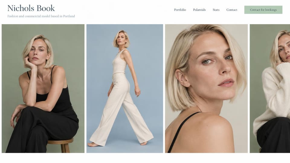 Model portfolio website design, fashion and commercial model on colored studio backdrops: white page, a navy serif name with a one-line tagline, a sage green bookings button and four tall photos of a blonde woman on green, blue and beige backdrops