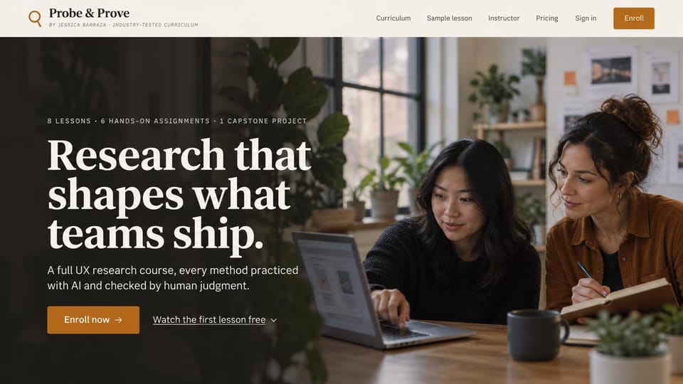 Landing page website design, professional course with a free first lesson: warm dark photo of two women working at a laptop, large cream serif headline, orange enroll button and a free lesson link
