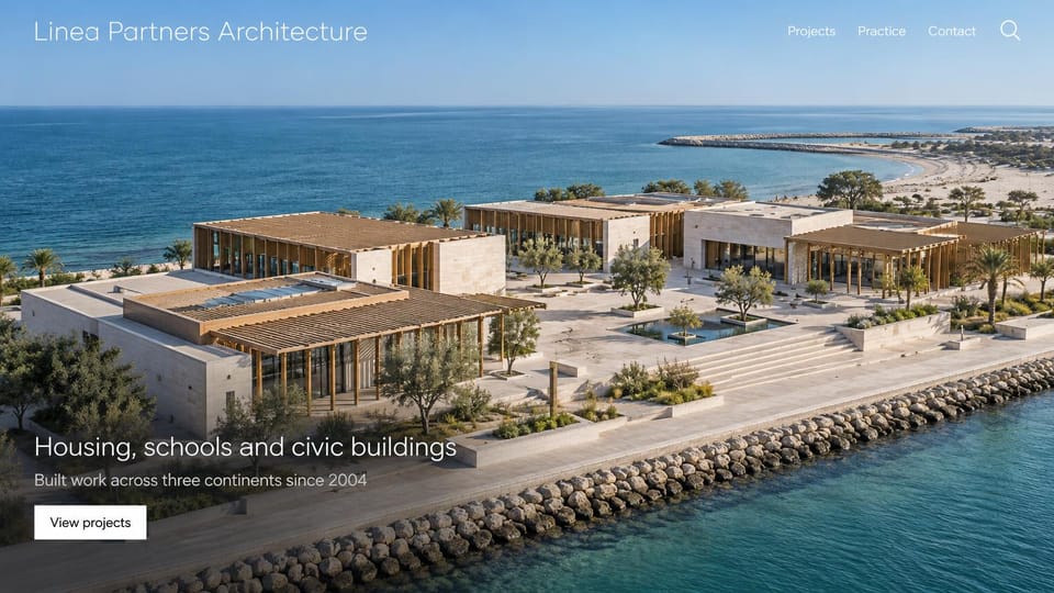 Architecture website design, international practice from the air: aerial photo of a low stone and timber complex on a turquoise coast, white sans text at lower left, white button