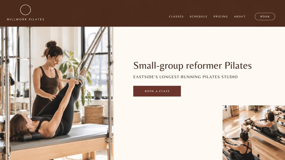 Fitness website design, pilates studio, editorial and airy: cream and brown, an instructor guiding a client on a reformer beside a centered serif headline