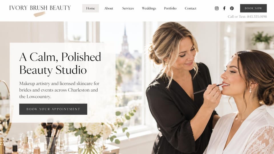 Makeup artist website design, makeup and skincare studio in soft light: bright studio photo of an artist applying lipstick to a client, a translucent white panel with a serif headline, a dark button