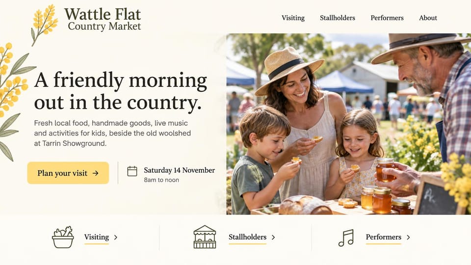Event website design, country market morning at the honey stall: cream page with yellow wattle sprigs, dark serif headline, yellow visit button, photo of a mother and two children tasting at a honey stall, three icon links below