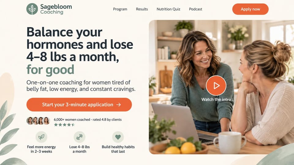 Personal trainer website design, hormone and nutrition coaching for women: cream page, a dark headline with a sage last line, an orange application button, two women talking at a kitchen table with a laptop behind a play button