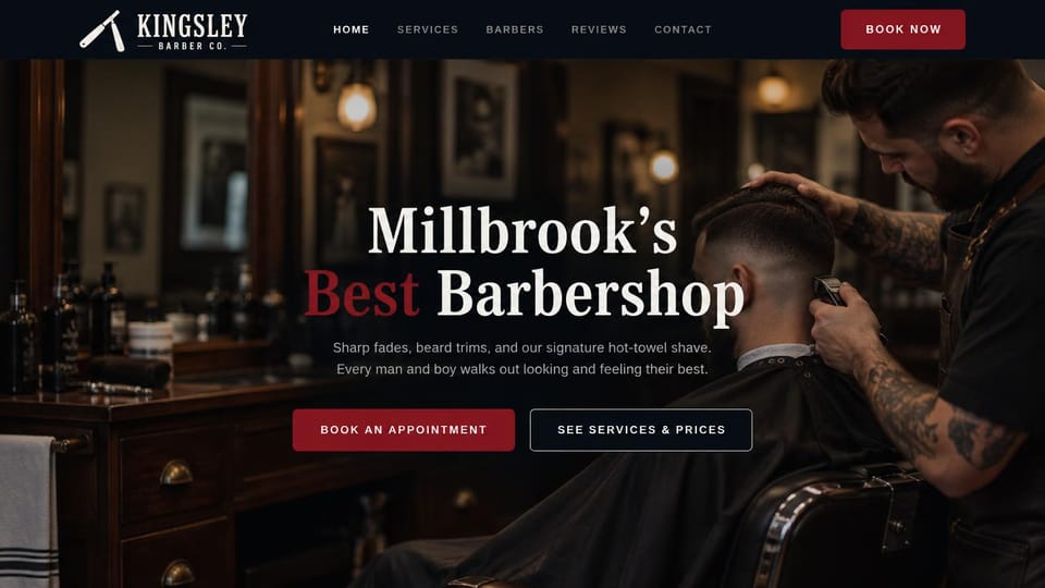 Barbershop website design, town barbershop with a red accent word: dark wood shop photo of a barber cutting hair, a centered cream serif headline with one word in red, a red button