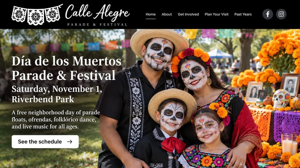 Event website design, día de los Muertos parade and festival by the ofrenda: black header with a papel picado logo, a family in catrina face paint and sombreros beside an ofrenda of marigolds and photos, white serif headline, white schedule button