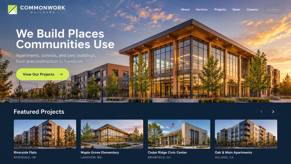 Construction website design, community builder with featured projects below: sunset sky over a timber and glass civic building and brick apartments, a white headline, a lime green button and a navy row of four project photos