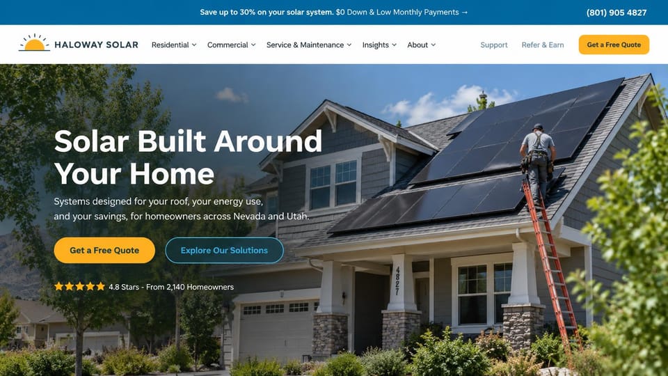 Solar website design, residential solar with an offer bar up top: blue offer bar and white menu, a gray-sided home with rooftop panels and an installer on a ladder, a white headline, yellow and outlined buttons