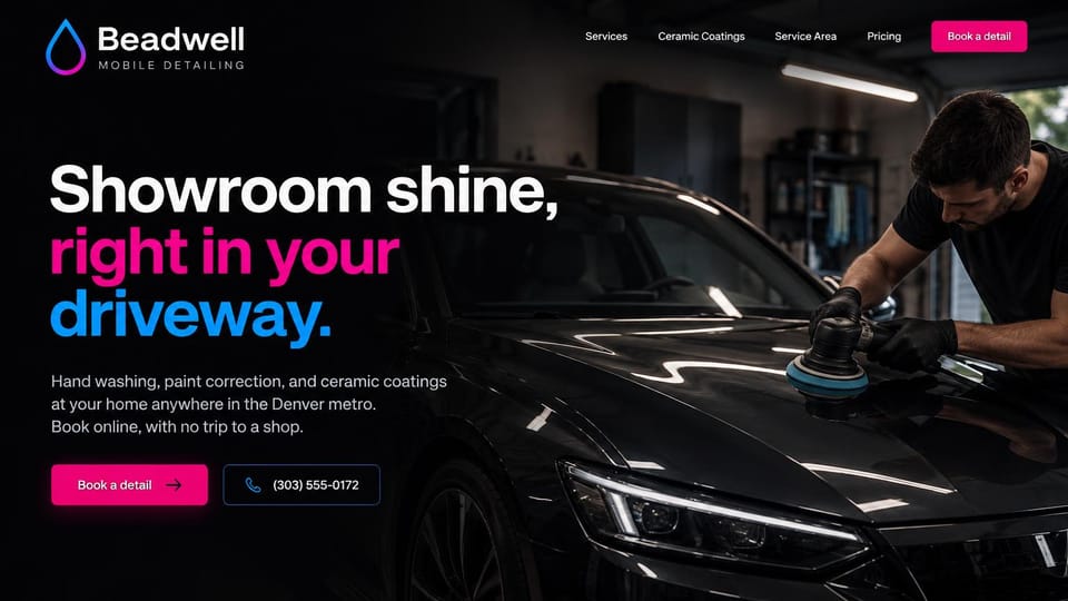 Car detailing website design, mobile detailing and coating in pink and blue: black page, a bold headline in white, pink and blue, a pink book button and an outlined phone button, a detailer machine-polishing a black car in a dark garage