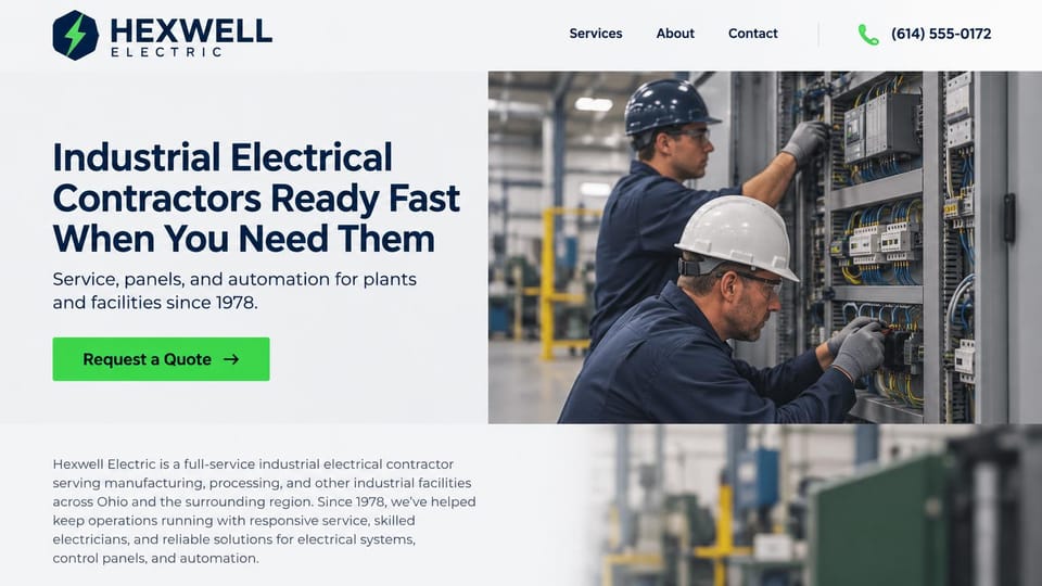 Electrician website design, industrial service for plants, light and direct: light gray page with a navy headline and a green quote button, two electricians in hard hats and navy coveralls at industrial control panels