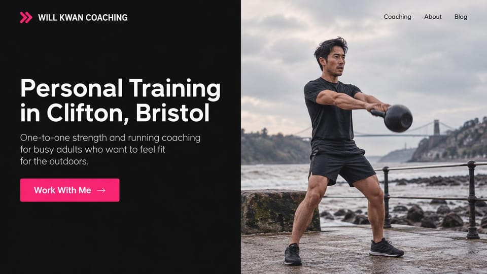 Personal trainer website design, outdoor strength and running coach on a misty shore: black text panel with a white headline and a pink work with me button, a man swinging a kettlebell on a stone waterfront with a bridge in the mist
