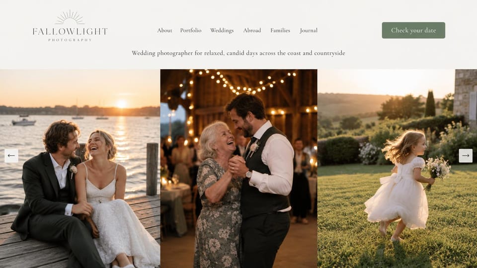 Wedding photographer website design, relaxed wedding photographer with a sliding row of photos: off-white header with a sunburst logo and a sage date button, three edge-to-edge photos of a couple on a sunset dock, a grandmother dancing with the groom and a flower girl on a lawn