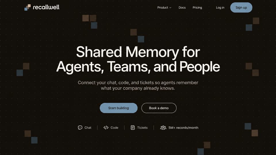AI startup website design, shared memory for AI agents, dark and centered: warm black page with a faint dot grid and scattered brown and blue squares, large white centered headline, a pale blue button, small icons for chat, code and tickets