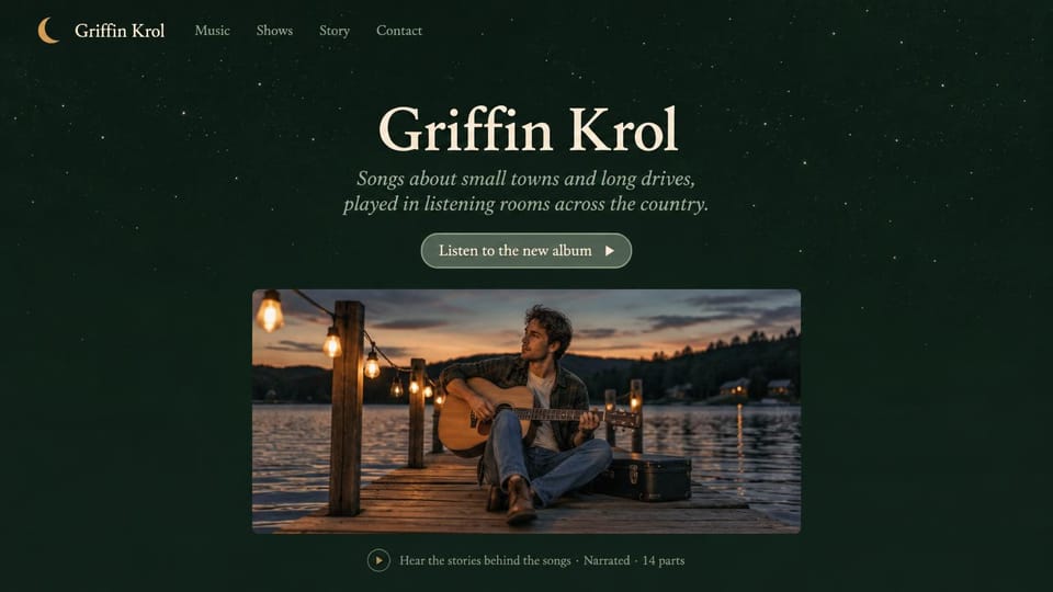 Musician website design, folk singer under a night sky: deep green starry background, a cream serif name and a guitarist on a lit dock at dusk